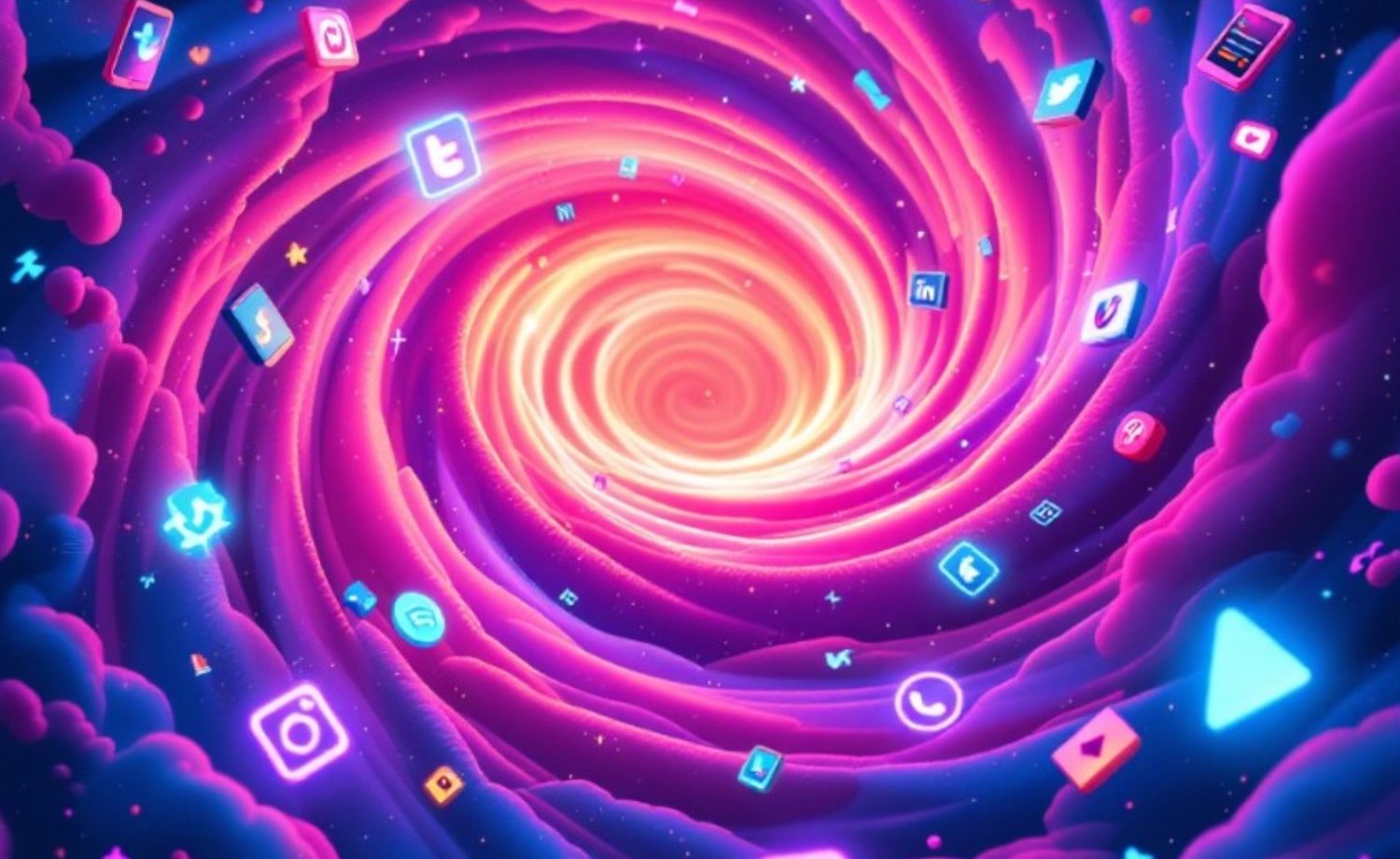 Farbenfrohes Wirbelmuster mit Symbolen sozialer Medien und technischer Icons.
