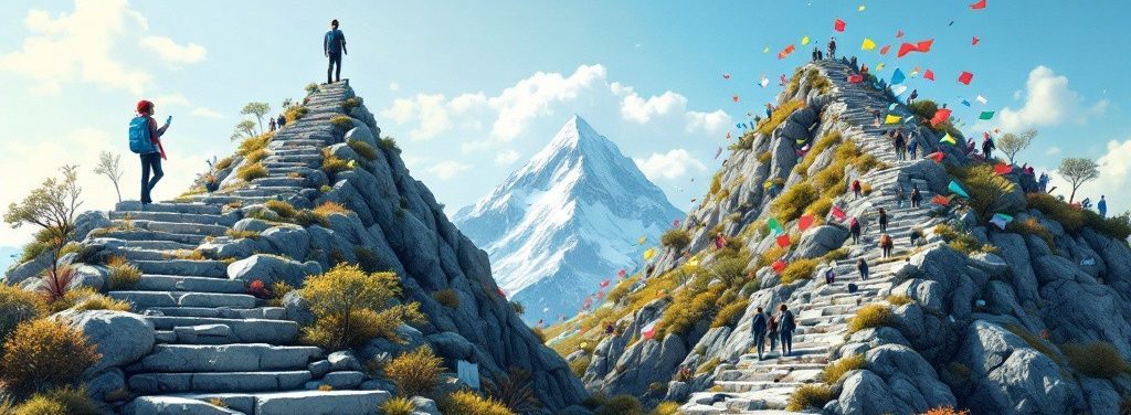 Zwei Wege auf einem Berggipfel – einer klar strukturiert, der andere lebendig & chaotisch
