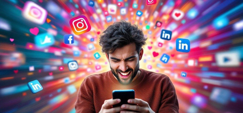Lächelnder Mann nutzt ein Smartphone, um mit sozialen Medien zu interagieren.