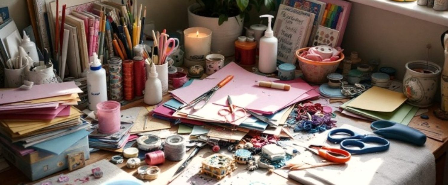 Bunt gestalteter Tisch mit Bastelmaterialien, Papier, Scheren und einer Kerze.