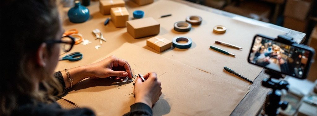 Frau arbeitet an einem kreativen Projekt, umgeben von Materialien und einer Kamera.