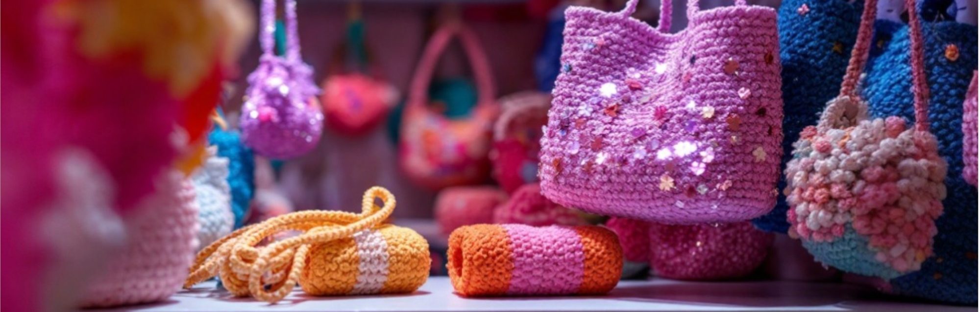 Bunte, handgefertigte Taschen und Wollknäuel in einem geschäftigen Atelier.