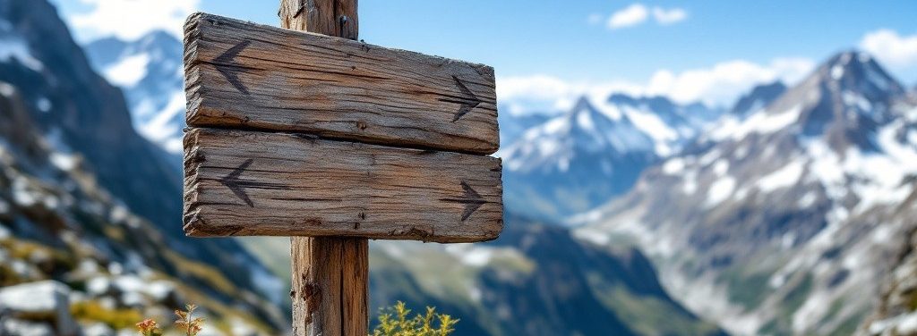 Holzschild mit Richtungspfeilen vor einer bergigen Landschaft im Hintergrund.