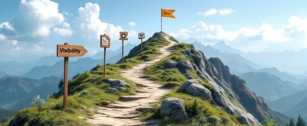 Wanderweg auf einem Berggipfel mit Wegweisern SEO-Komponenten  und einer Fahne im  Hintergrund.