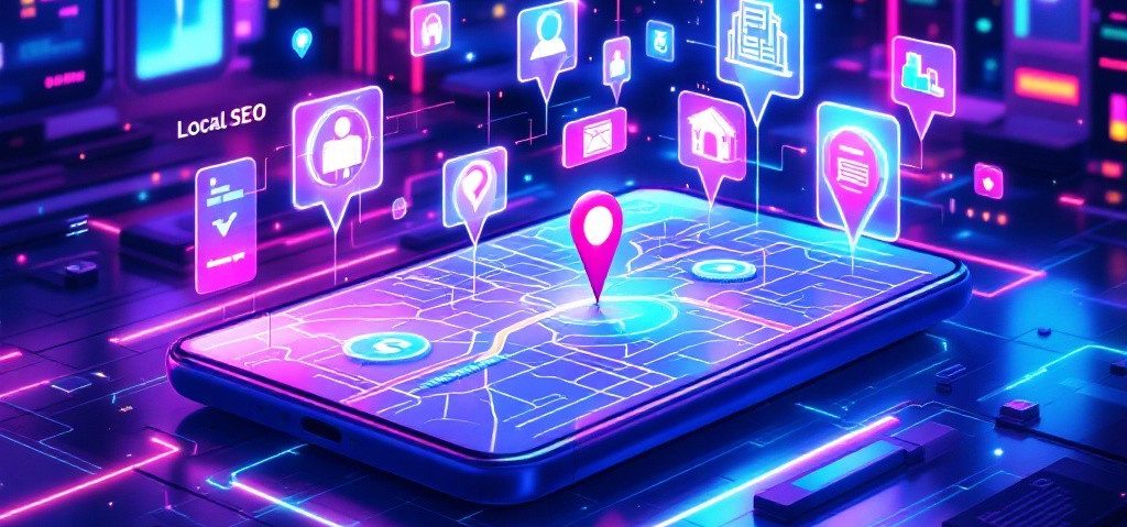 Eine digitale Karte auf einem Smartphone mit bunten Ortssymbolen und Interfaces.